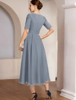 A-Line Mother of the Bride Dress Beach Wedding Formal Elegant Bateau Neck Tea Length Chiffon Half Sleeve with Lace free custom size