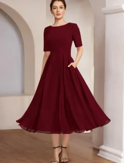 A-Line Mother of the Bride Dress Beach Wedding Formal Elegant Bateau Neck Tea Length Chiffon Half Sleeve with Lace free custom size