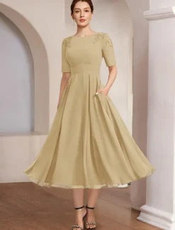 A-Line Mother of the Bride Dress Beach Wedding Formal Elegant Bateau Neck Tea Length Chiffon Half Sleeve with Lace free custom size