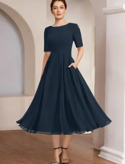 A-Line Mother of the Bride Dress Beach Wedding Formal Elegant Bateau Neck Tea Length Chiffon Half Sleeve with Lace free custom size