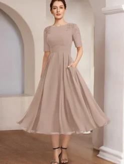 A-Line Mother of the Bride Dress Beach Wedding Formal Elegant Bateau Neck Tea Length Chiffon Half Sleeve with Lace free custom size