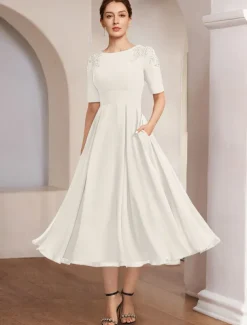 A-Line Mother of the Bride Dress Beach Wedding Formal Elegant Bateau Neck Tea Length Chiffon Half Sleeve with Lace free custom size