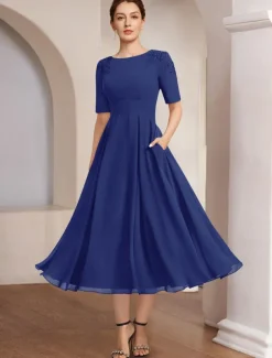 A-Line Mother of the Bride Dress Beach Wedding Formal Elegant Bateau Neck Tea Length Chiffon Half Sleeve with Lace free custom size