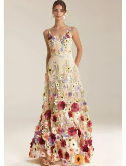 A-Line Prom Dresses Beach Wedding Elegant Dress Formal Wedding Floor Length Sleeveless Spaghetti Strap with Floral Print Embroidery