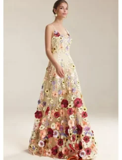 A-Line Prom Dresses Beach Wedding Elegant Dress Formal Wedding Floor Length Sleeveless Spaghetti Strap with Floral Print Embroidery