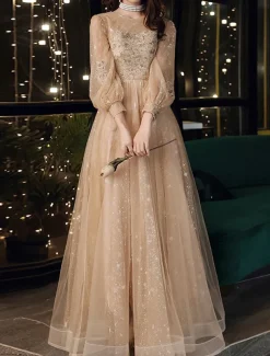 A-Line Prom Dresses Cute Dress Wedding Guest Party Wear Floor Length Long Sleeve Jewel Neck Tulle with Sequin Appliques