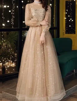 A-Line Prom Dresses Cute Dress Wedding Guest Party Wear Floor Length Long Sleeve Jewel Neck Tulle with Sequin Appliques