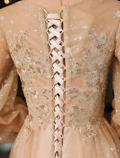 A-Line Prom Dresses Cute Dress Wedding Guest Party Wear Floor Length Long Sleeve Jewel Neck Tulle with Sequin Appliques