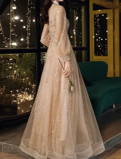 A-Line Prom Dresses Cute Dress Wedding Guest Party Wear Floor Length Long Sleeve Jewel Neck Tulle with Sequin Appliques