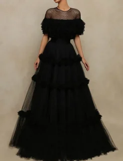 A-Line Prom Dresses Elegant Dress Formal Floor Length Short Sleeve Jewel Neck Tulle with Pleats Ruffles