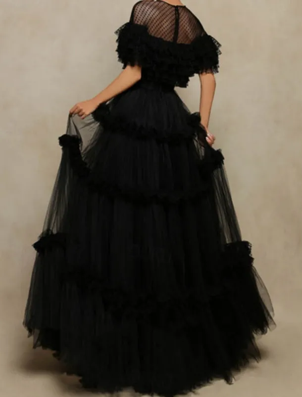 A-Line Prom Dresses Elegant Dress Formal Floor Length Short Sleeve Jewel Neck Tulle with Pleats Ruffles