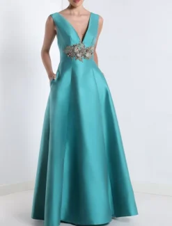 A-Line Prom Dresses Elegant Dress Formal Prom Floor Length Sleeveless V Neck Pocket Satin with Appliques