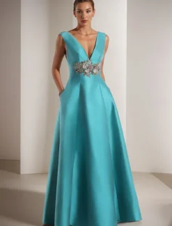 A-Line Prom Dresses Elegant Dress Formal Prom Floor Length Sleeveless V Neck Pocket Satin with Appliques