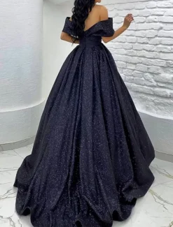 A-Line Prom Dresses Elegant Dress Black Tie Gala Sweep / Brush Train Short Sleeve Off Shoulder Sequined with Glitter Pleats