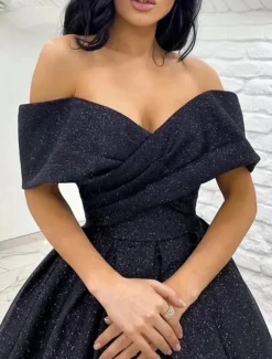 A-Line Prom Dresses Elegant Dress Black Tie Gala Sweep / Brush Train Short Sleeve Off Shoulder Sequined with Glitter Pleats