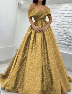 A-Line Prom Dresses Elegant Dress Black Tie Gala Sweep / Brush Train Short Sleeve Off Shoulder Sequined with Glitter Pleats