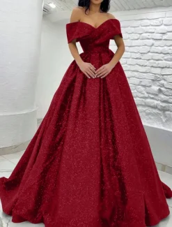A-Line Prom Dresses Elegant Dress Black Tie Gala Sweep / Brush Train Short Sleeve Off Shoulder Sequined with Glitter Pleats