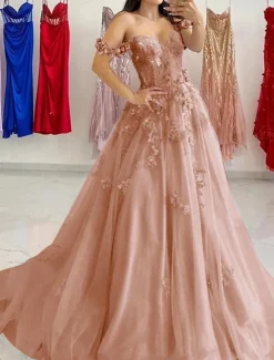 A-Line Prom Dresses Elegant Dress Formal Sweep / Brush Train Sleeveless Sweetheart Tulle with Pleats Sequin Appliques Masquerade Dress