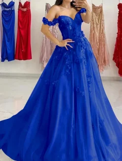 A-Line Prom Dresses Elegant Dress Formal Sweep / Brush Train Sleeveless Sweetheart Tulle with Pleats Sequin Appliques Masquerade Dress