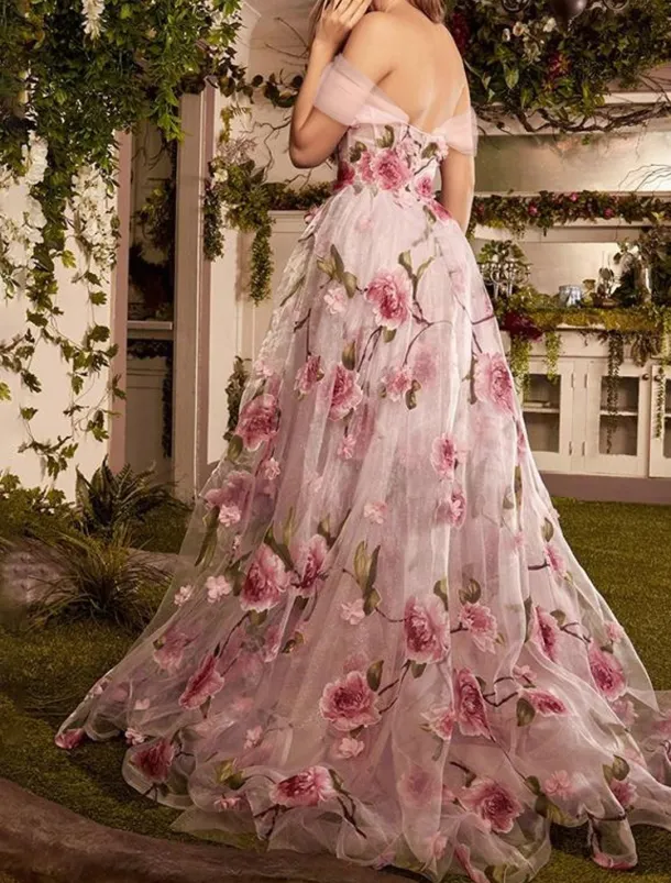 A-Line Prom Dresses Floral Dress Formal Wedding Guest Sweep / Brush Train Sleeveless Off Shoulder Lace with Floral Print