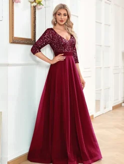 A-Line Prom Dresses Glittering Dress Formal Wedding Floor Length Long Sleeve V Neck Tulle with Glitter