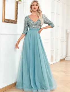 A-Line Prom Dresses Glittering Dress Formal Wedding Floor Length Long Sleeve V Neck Tulle with Glitter