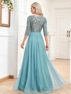 A-Line Prom Dresses Glittering Dress Formal Wedding Floor Length Long Sleeve V Neck Tulle with Glitter