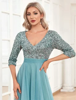 A-Line Prom Dresses Glittering Dress Formal Wedding Floor Length Long Sleeve V Neck Tulle with Glitter