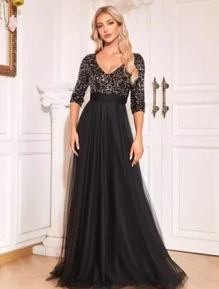 A-Line Prom Dresses Glittering Dress Formal Wedding Floor Length Long Sleeve V Neck Tulle with Glitter