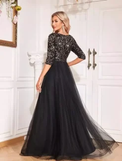 A-Line Prom Dresses Glittering Dress Formal Wedding Floor Length Long Sleeve V Neck Tulle with Glitter