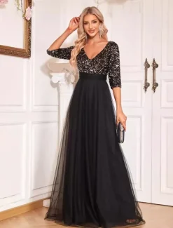 A-Line Prom Dresses Glittering Dress Formal Wedding Floor Length Long Sleeve V Neck Tulle with Glitter