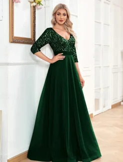 A-Line Prom Dresses Glittering Dress Formal Wedding Floor Length Long Sleeve V Neck Tulle with Glitter