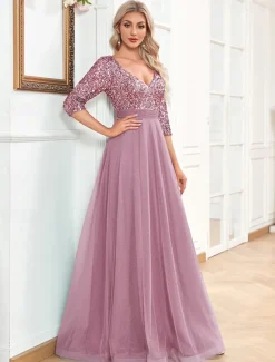A-Line Prom Dresses Glittering Dress Formal Wedding Floor Length Long Sleeve V Neck Tulle with Glitter