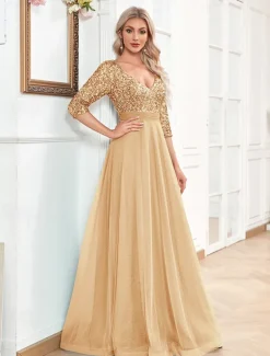 A-Line Prom Dresses Glittering Dress Formal Wedding Floor Length Long Sleeve V Neck Tulle with Glitter
