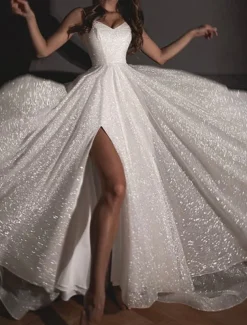 A-Line Prom Dresses Glittering Dress Wedding Guest Wedding Party Sweep / Brush Train Sleeveless Spaghetti Strap Fall Wedding Reception Tulle with Sequin Slit Masquerade Dress