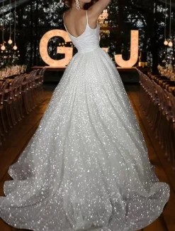 A-Line Prom Dresses Glittering Dress Wedding Guest Wedding Party Sweep / Brush Train Sleeveless Spaghetti Strap Fall Wedding Reception Tulle with Sequin Slit Masquerade Dress