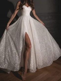 A-Line Prom Dresses Glittering Dress Wedding Guest Wedding Party Sweep / Brush Train Sleeveless Spaghetti Strap Fall Wedding Reception Tulle with Sequin Slit Masquerade Dress