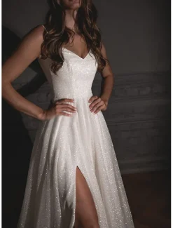 A-Line Prom Dresses Glittering Dress Wedding Guest Wedding Party Sweep / Brush Train Sleeveless Spaghetti Strap Fall Wedding Reception Tulle with Sequin Slit Masquerade Dress