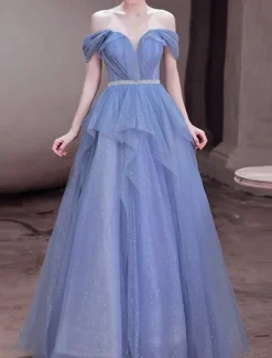 A-Line Prom Dresses Sparkle & Shine Dress Wedding Guest Birthday Floor Length Sleeveless Off Shoulder Tulle with Sequin dress to impress