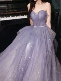 A-Line Prom Dresses Sparkle & Shine Dress Wedding Guest Birthday Floor Length Sleeveless Off Shoulder Tulle with Sequin dress to impress