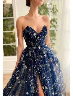 A-Line Prom Dresses Sparkle & Shine Dress Wedding Guest Birthday Sweep / Brush Train Long Sleeve Strapless Tulle with Sequin Slit Masquerade Dress