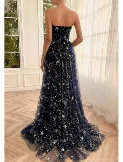 A-Line Prom Dresses Sparkle & Shine Dress Wedding Guest Birthday Sweep / Brush Train Long Sleeve Strapless Tulle with Sequin Slit Masquerade Dress
