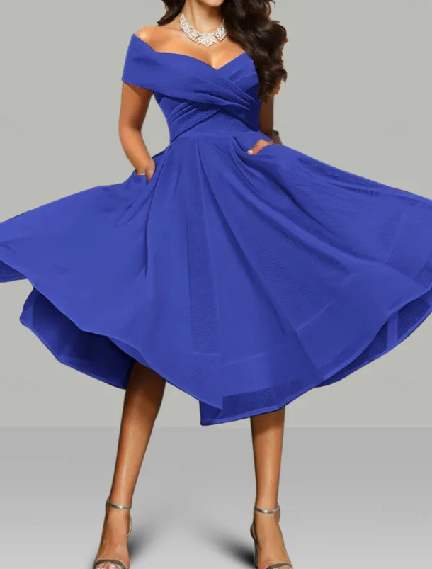 A-Line Prom Dresses Vintage Dress Wedding Guest Summer Tea Length Sleeveless Off Shoulder Organza Backless with Ruched Dresses