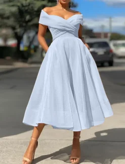 A-Line Prom Dresses Vintage Dress Wedding Guest Summer Tea Length Sleeveless Off Shoulder Organza Backless with Ruched Dresses