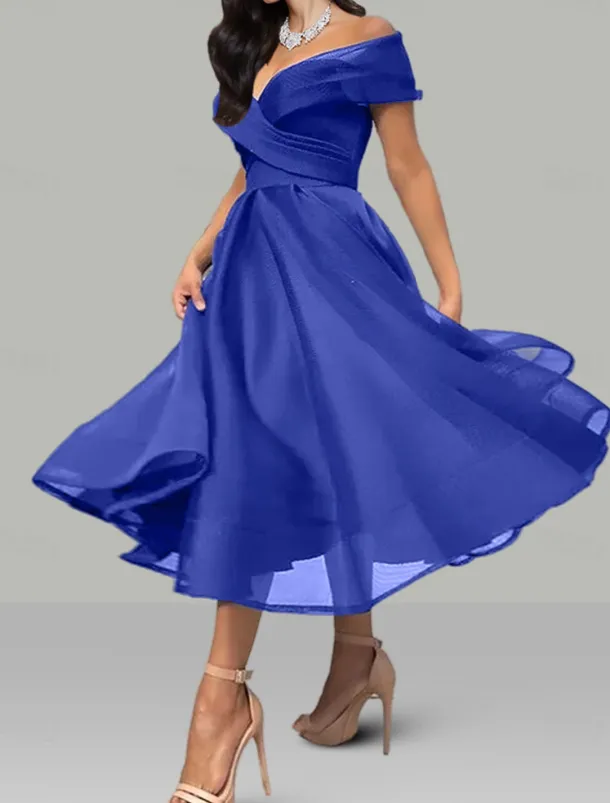 A-Line Prom Dresses Vintage Dress Wedding Guest Summer Tea Length Sleeveless Off Shoulder Organza Backless with Ruched Dresses