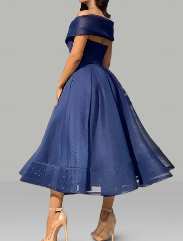 A-Line Prom Dresses Vintage Dress Wedding Guest Summer Tea Length Sleeveless Off Shoulder Organza Backless with Ruched Dresses