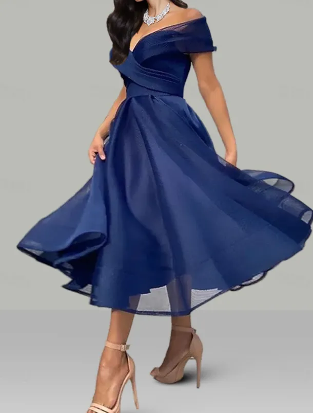 A-Line Prom Dresses Vintage Dress Wedding Guest Summer Tea Length Sleeveless Off Shoulder Organza Backless with Ruched Dresses