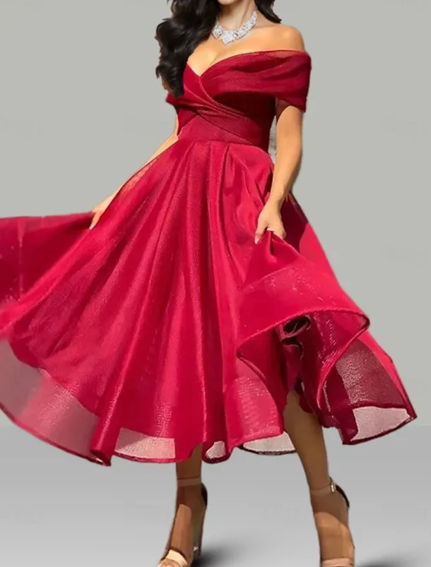 A-Line Prom Dresses Vintage Dress Wedding Guest Summer Tea Length Sleeveless Off Shoulder Organza Backless with Ruched Dresses