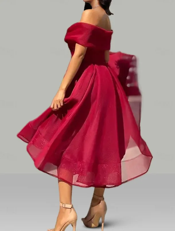 A-Line Prom Dresses Vintage Dress Wedding Guest Summer Tea Length Sleeveless Off Shoulder Organza Backless with Ruched Dresses