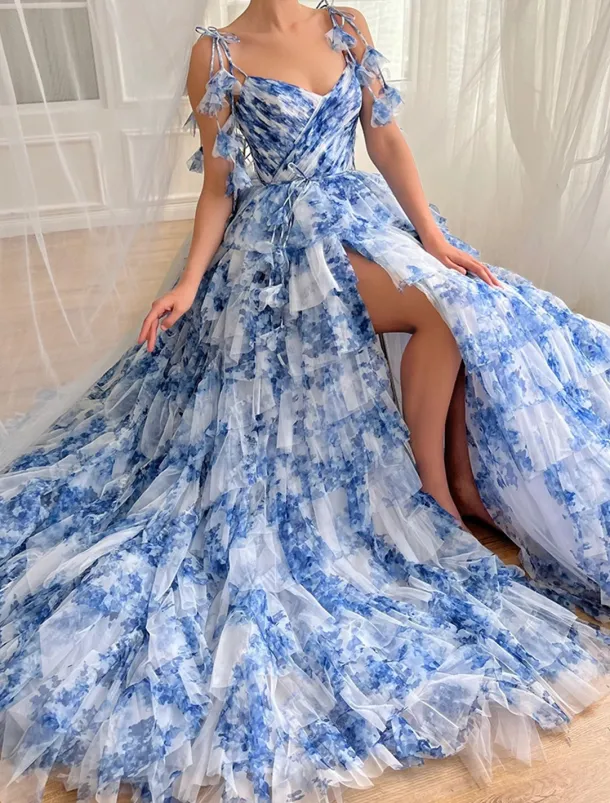 A-Line Prom Tiered Dresses Corsets Dress Semi Formal Wedding Floor Length Sleeveless Sweetheart Dress Organza Floral Print Ruched Details With High Slit Wedding Guest Dress